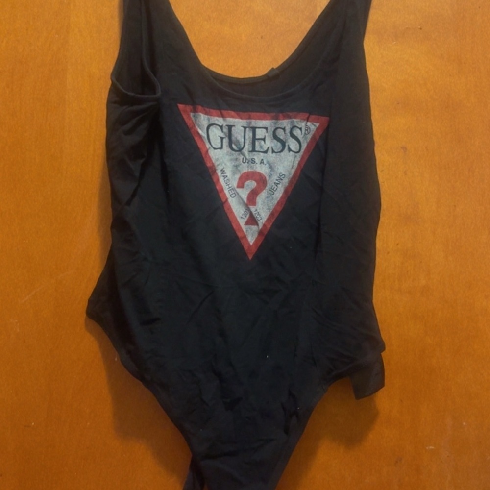 GUESS Black One-Piece Bodysuit with Red Logo Triangle